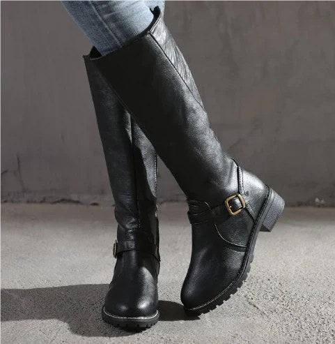 Alva | Women's Knee High Flat Heel With Buckle Strap Boots in Black