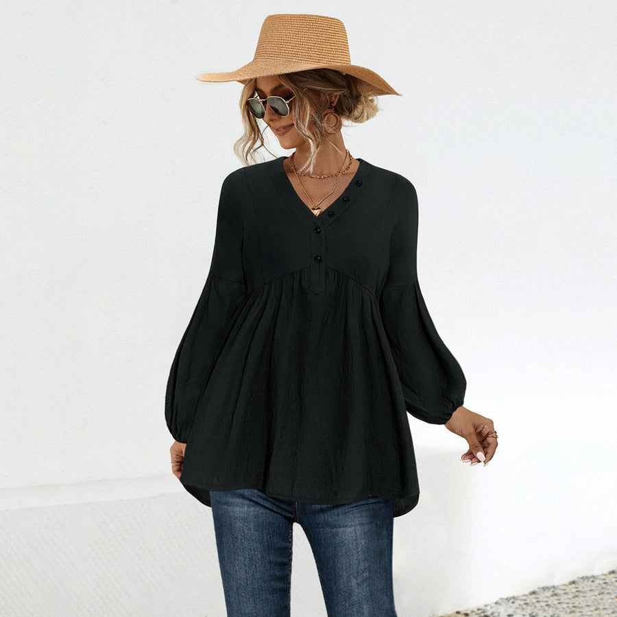 Alva | Women's Button Detail Elegant Blouse Top in Black
