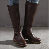 Alva | Women's Knee High Flat Heel With Buckle Strap Boots in Dark Brown