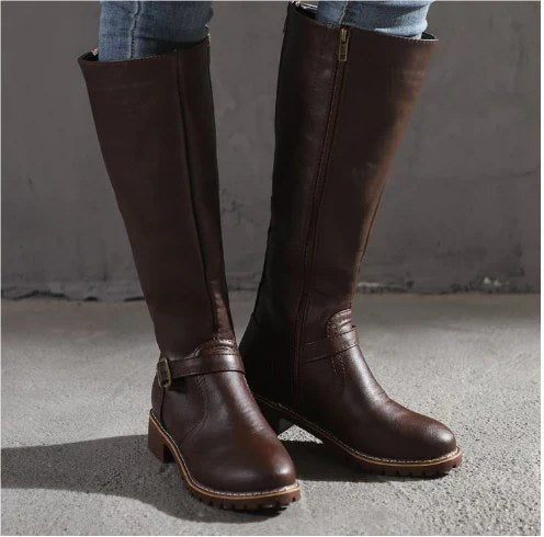 Alva | Women's Knee High Flat Heel With Buckle Strap Boots in Dark Brown