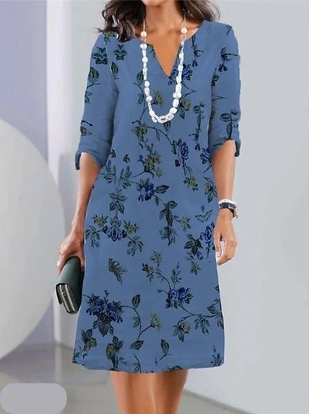Alvera | Women's Round Neck Short Sleeve Midi Dress in Blue