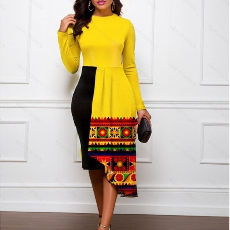 Amabel | Women's Asymmetric Modern Dress – Casual Dress in Black Yellow