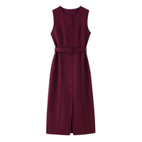 Amalia | Women's Waist Belt Sleeveless Belted Wrap Dress in Wine Red