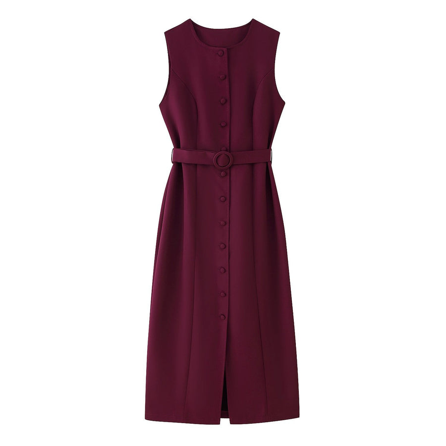 Amalia | Women's Waist Belt Sleeveless Belted Wrap Dress in Wine Red