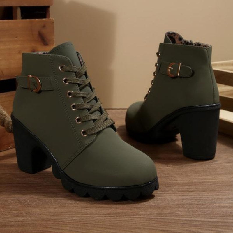 Amalia | Women's Lace Up Ankle Block Heel Boots in Army Green