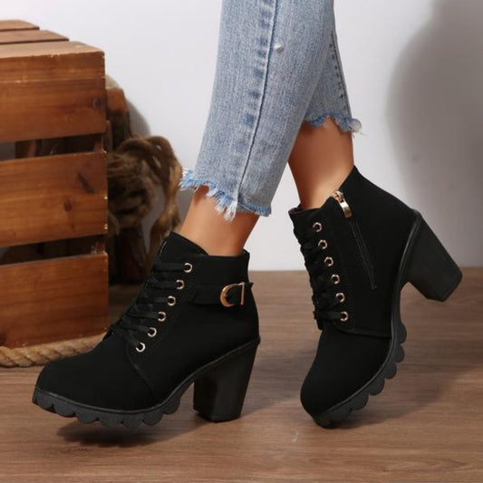 Amalia | Women's Lace Up Ankle Block Heel Boots in Black