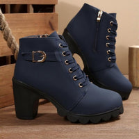 Amalia | Women's Lace Up Ankle Block Heel Boots in Blue