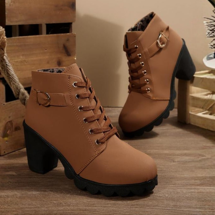 Amalia | Women's Lace Up Ankle Block Heel Boots in Brown