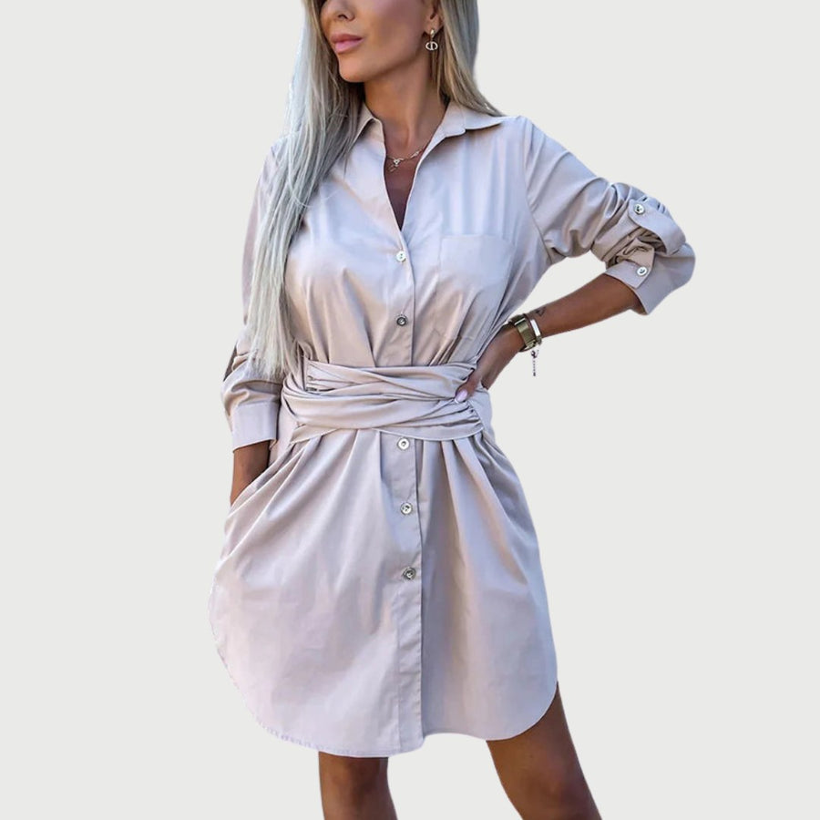 Amalthea | Women's Long Sleeve Shirt Dress in Beige
