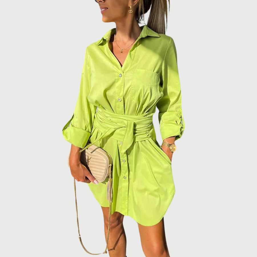 Amalthea | Women's Long Sleeve Shirt Dress in Yellow Green