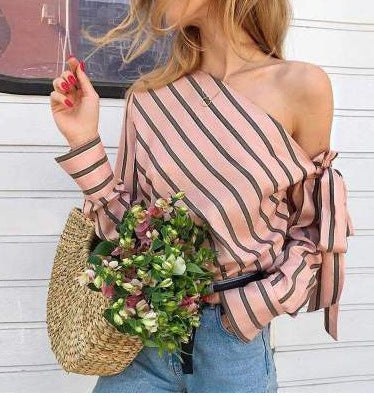 Amara | Women's Asymmetric Striped Blouse in Pink