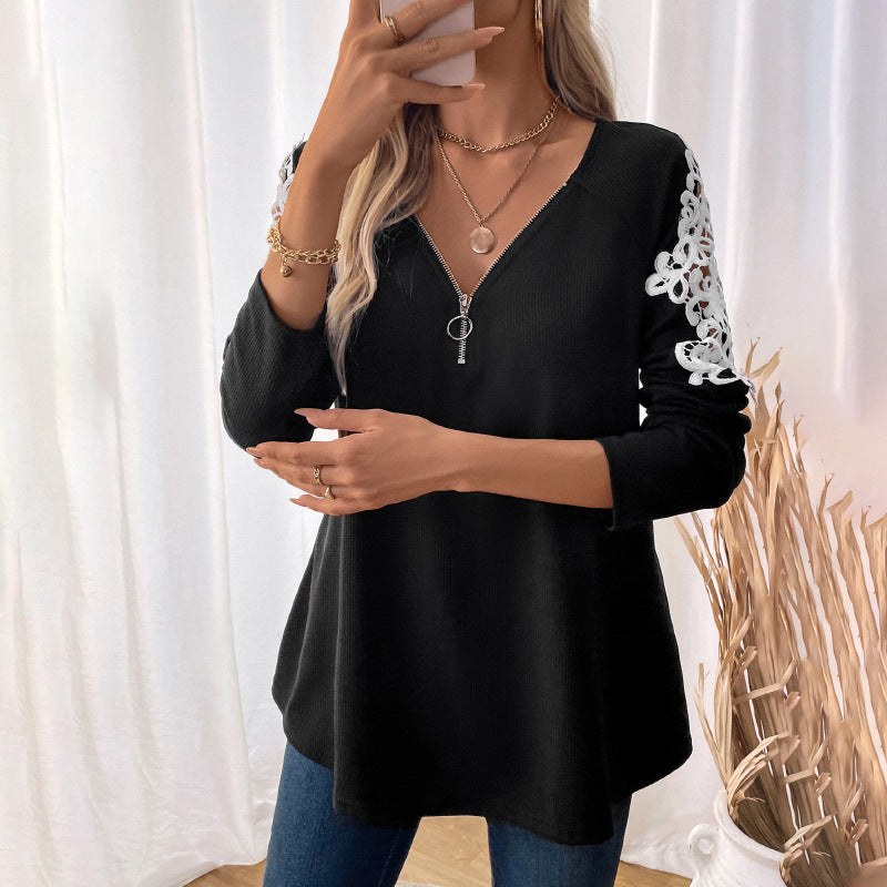 Amarante | Women's Zip Lace Elegant Top in Black
