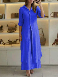 Ambrosine | Women's Long Sleeve Button-Front Shirt Dress in Blue