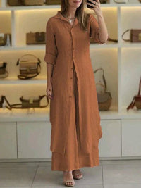 Ambrosine | Women's Long Sleeve Button-Front Shirt Dress in Brown