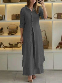 Ambrosine | Women's Long Sleeve Button-Front Shirt Dress in Gray