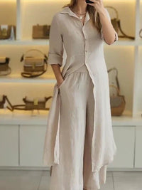 Ambrosine | Women's Long Sleeve Button-Front Shirt Dress in Khaki