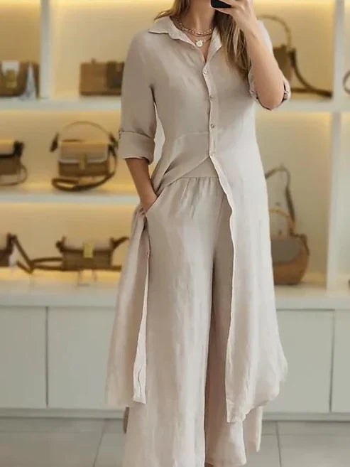 Ambrosine | Women's Long Sleeve Button-Front Shirt Dress in Khaki