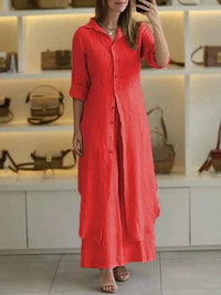 Ambrosine | Women's Long Sleeve Button-Front Shirt Dress in Red