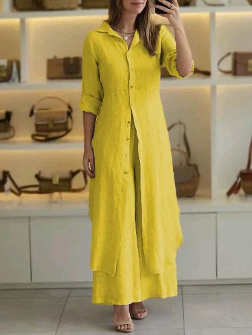 Ambrosine | Women's Long Sleeve Button-Front Shirt Dress in Yellow
