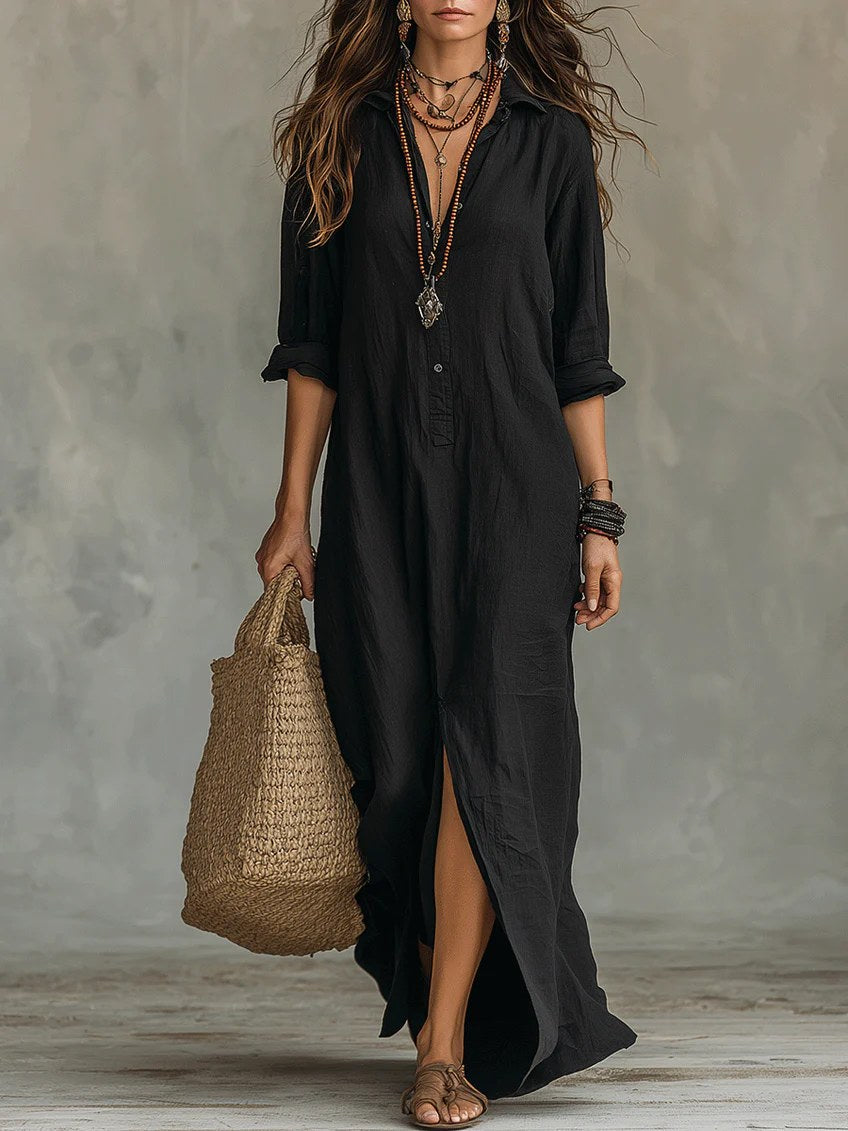 Amedee | Women's Long Sleeve Button-Front Shirt Dress in Black