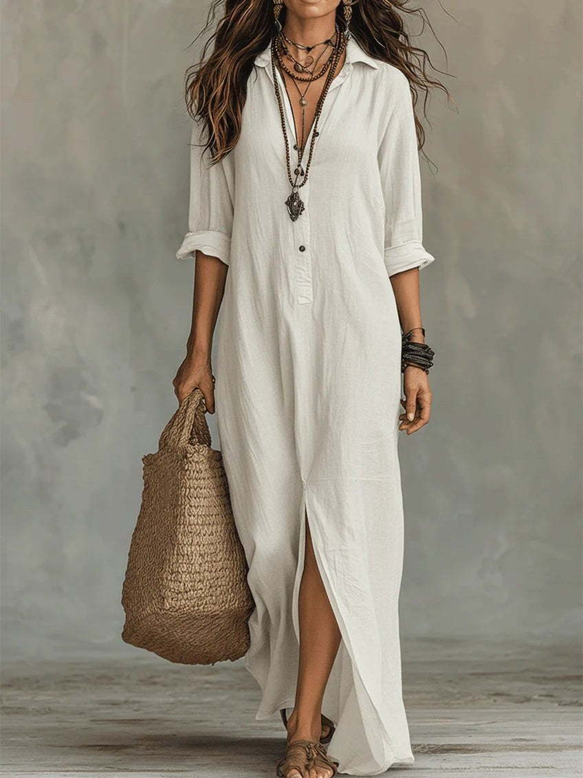 Amedee | Women's Long Sleeve Button-Front Shirt Dress in White