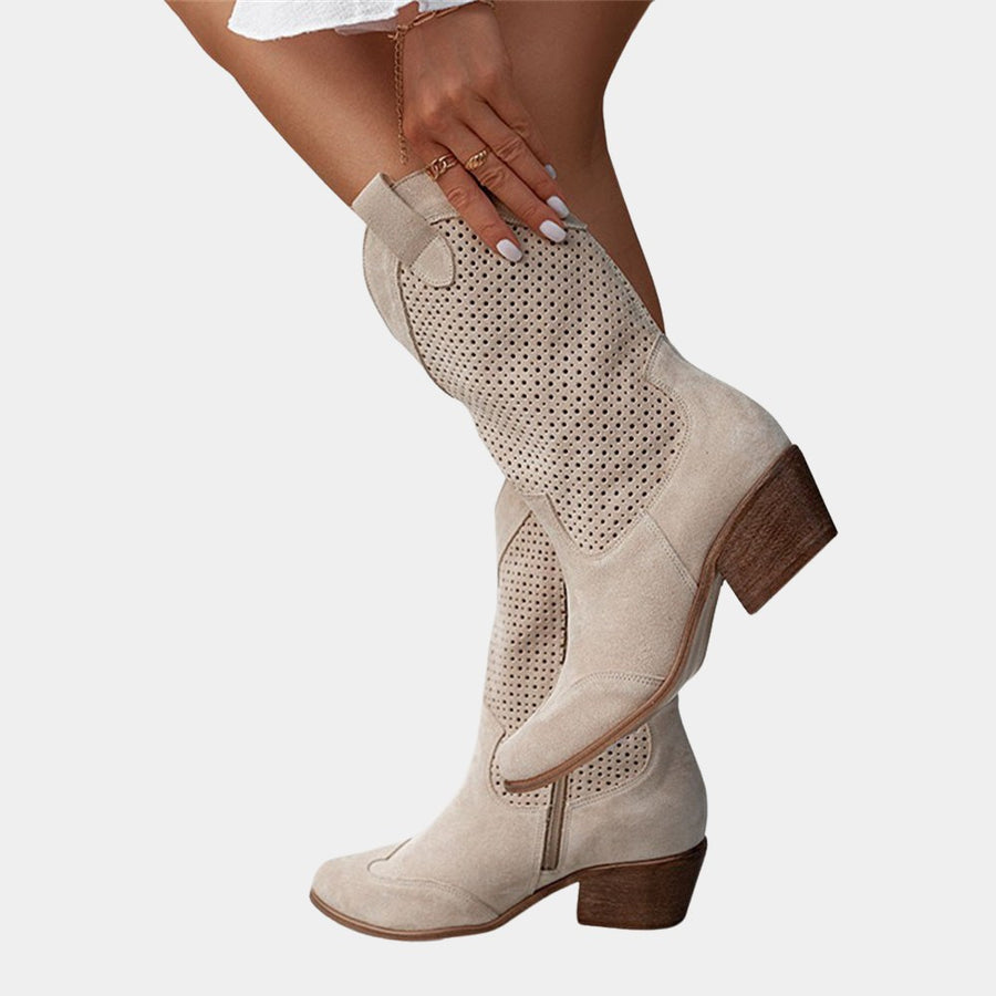 Amina | Women's Mid Calf Block Heel With Perforated Shaft Boots