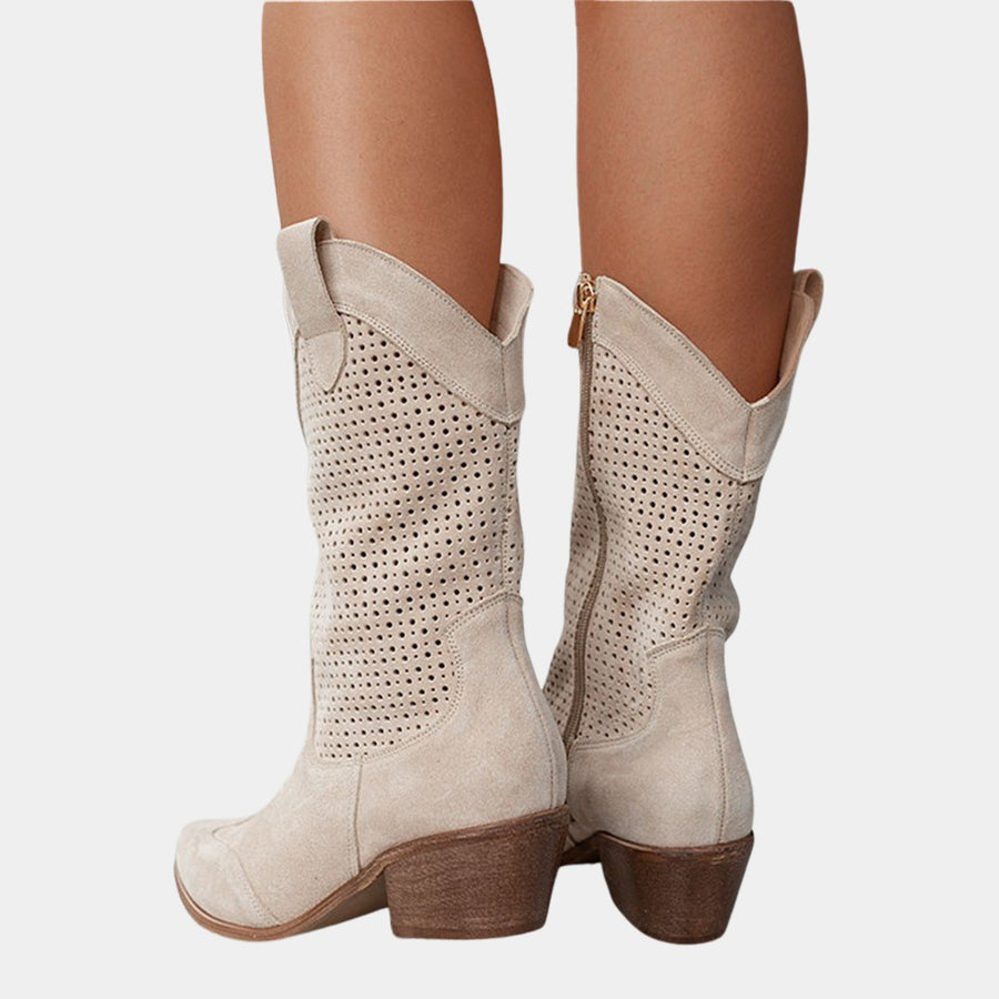 Amina | Women's Mid Calf Block Heel With Perforated Shaft Boots