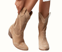 Amina | Women's Mid Calf Block Heel With Perforated Shaft Boots in Brown