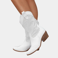 Amina | Women's Mid Calf Block Heel With Perforated Shaft Boots in White