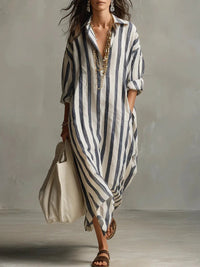 Amity | Women's Maxi V-Neck Striped Shirt Dress in Blue
