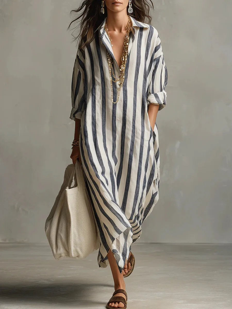 Amity | Women's Maxi V-Neck Striped Shirt Dress in Blue