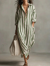 Amity | Women's Maxi V-Neck Striped Shirt Dress in Green