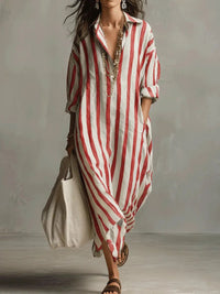 Amity | Women's Maxi V-Neck Striped Shirt Dress in Red
