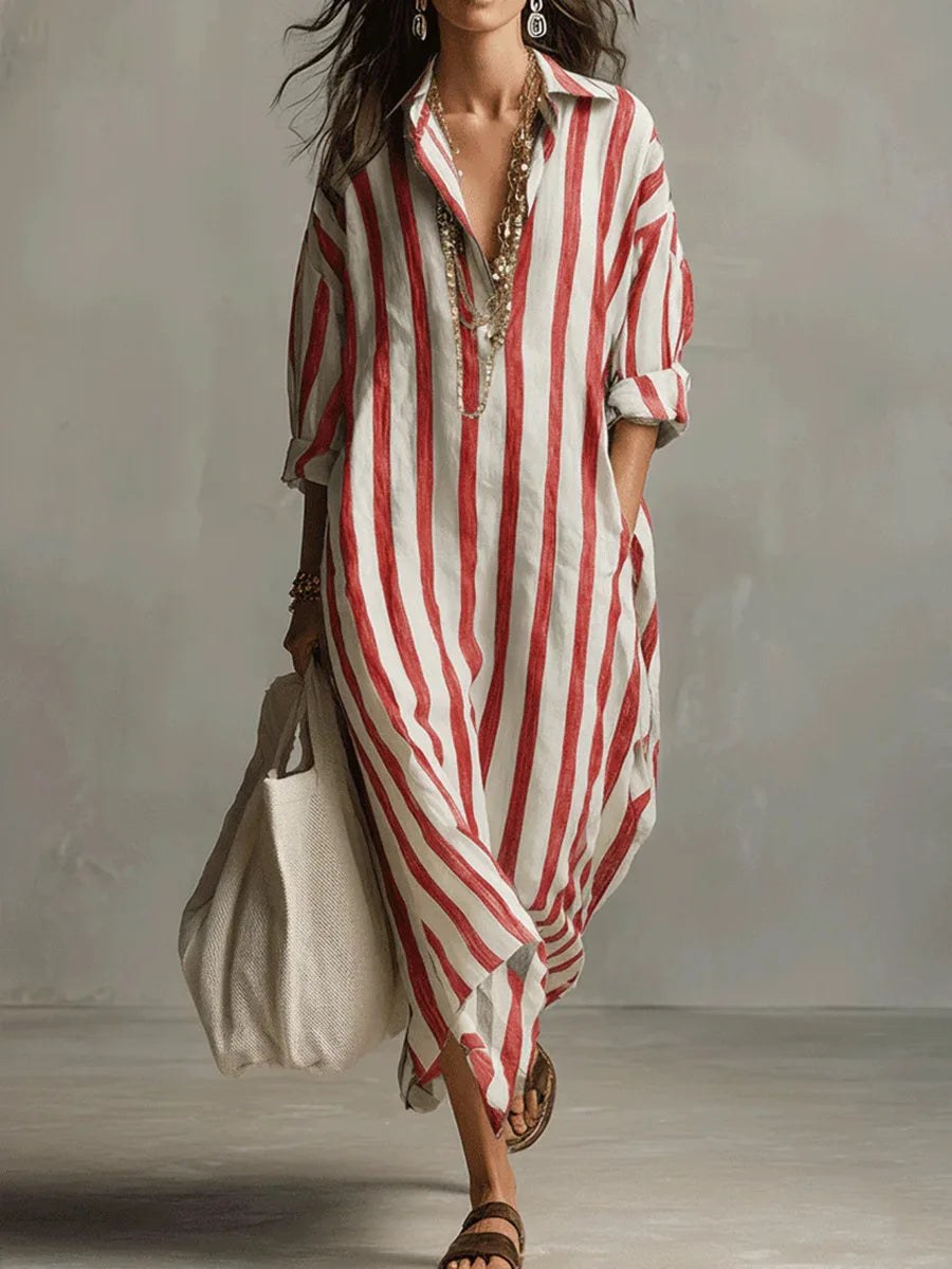 Amity | Women's Maxi V-Neck Striped Shirt Dress in Red