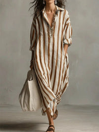 Amity | Women's Maxi V-Neck Striped Shirt Dress in Yellow