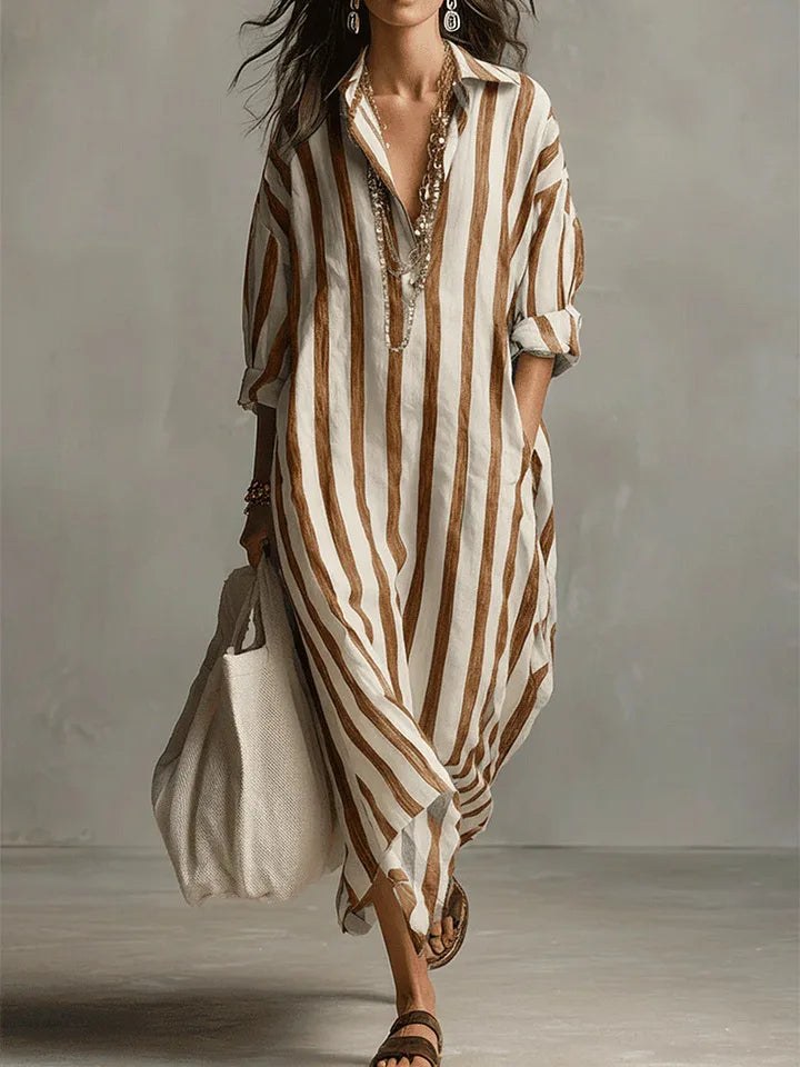 Amity | Women's Maxi V-Neck Striped Shirt Dress in Yellow