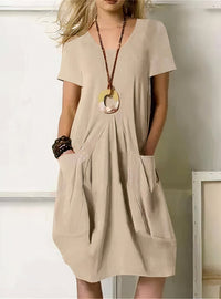 Ammeline | Women's Round Neckline Short Sleeve Cut Mini Dress in Beige