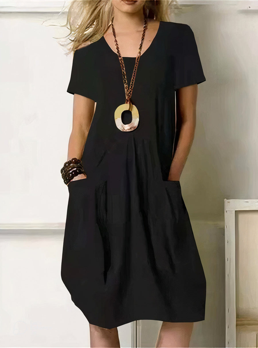 Ammeline | Women's Round Neckline Short Sleeve Cut Mini Dress in Black