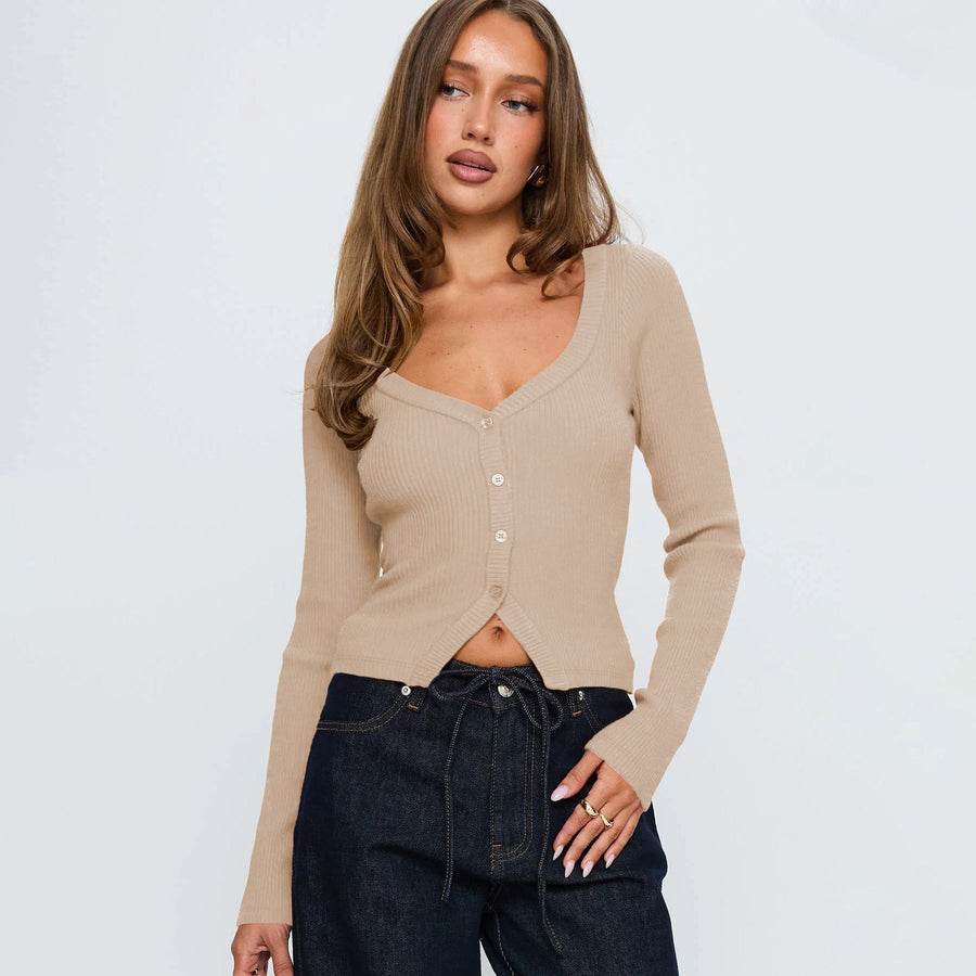 Ampelia | Women's V-Neck Button-Front Elegant Cardigan in Apricot