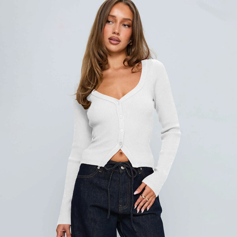 Ampelia | Women's V-Neck Button-Front Elegant Cardigan in Beige