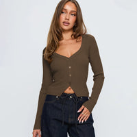 Ampelia | Women's V-Neck Button-Front Elegant Cardigan in Coffee