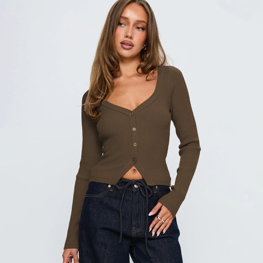 Ampelia | Women's V-Neck Button-Front Elegant Cardigan in Coffee