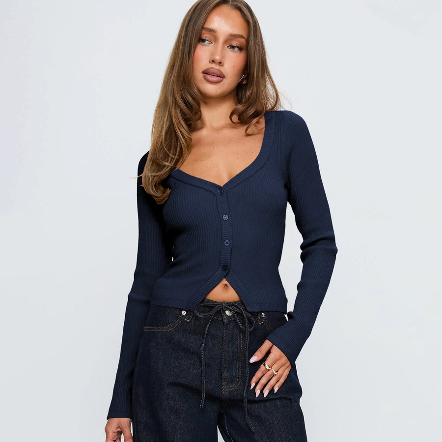 Ampelia | Women's V-Neck Button-Front Elegant Cardigan in Dark Blue