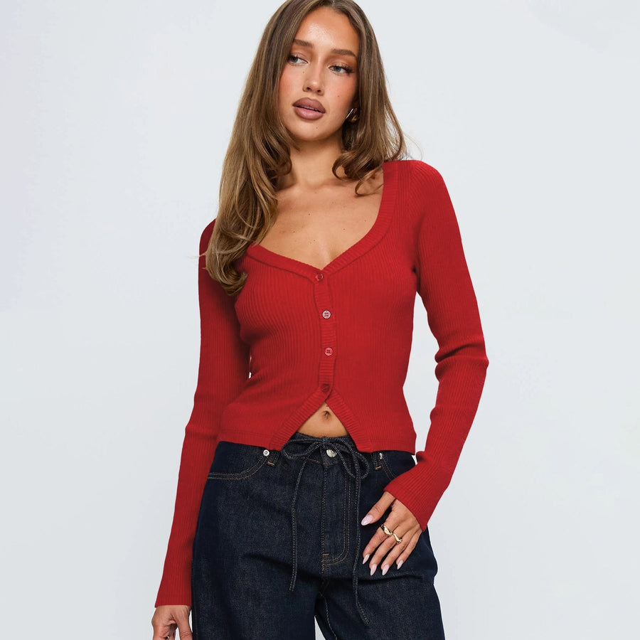 Ampelia | Women's V-Neck Button-Front Elegant Cardigan in Red