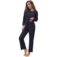 Anabella | Women's Elastic Waist Long Sleeve Soft Casual Pajama Set in Dark Blue