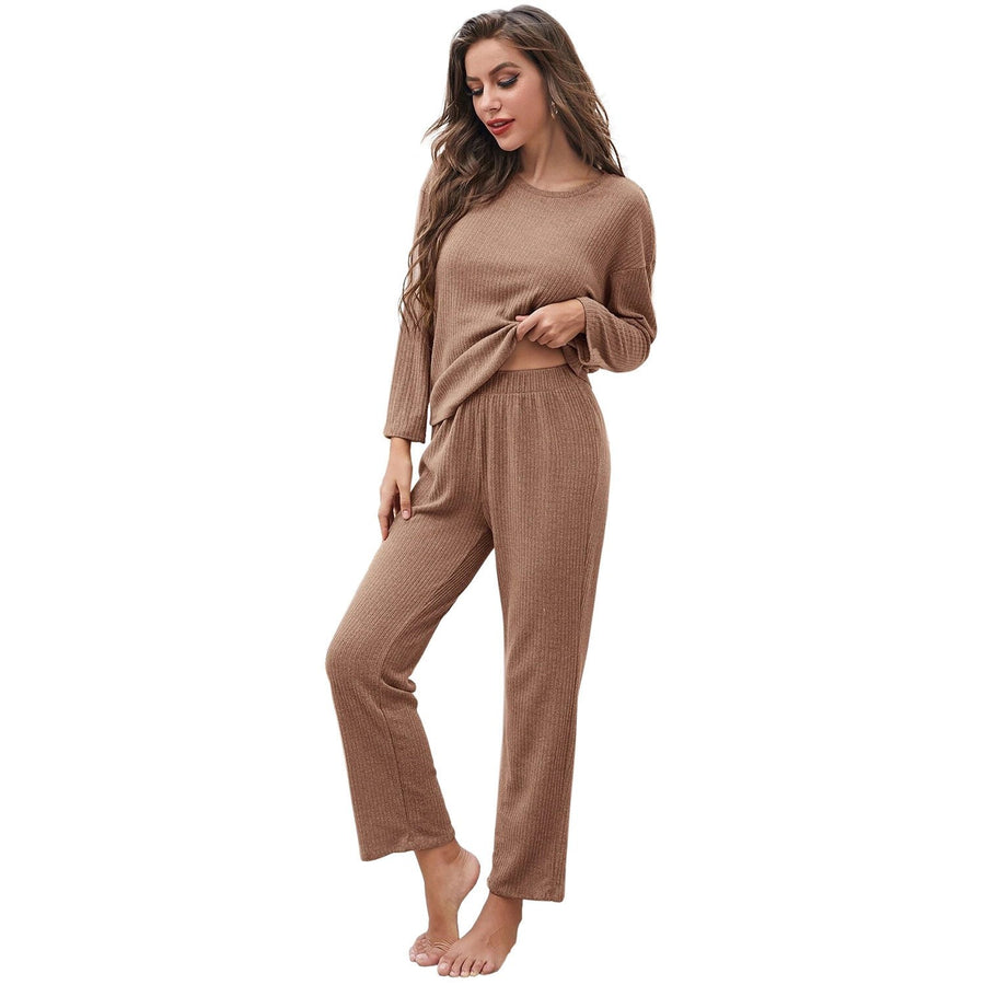 Anabella | Women's Elastic Waist Long Sleeve Soft Casual Pajama Set in Khaki