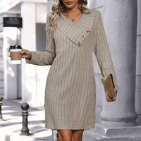 Anacleta | Women's V-Neck Button Detail Asymmetric Knit Elegant Dress in Apricot