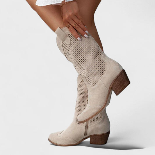 Anaïs | Women's Mid-Calf Perforated Detail Boots in Beige