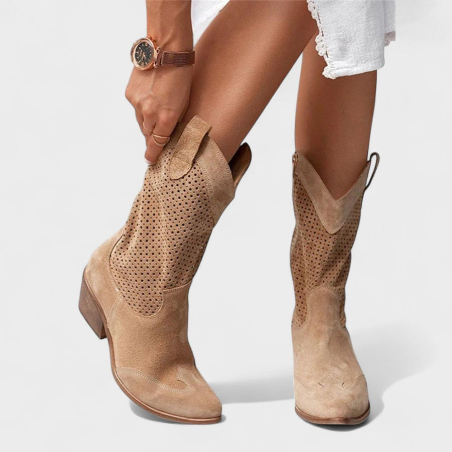 Anaïs | Women's Mid-Calf Perforated Detail Boots in Brown