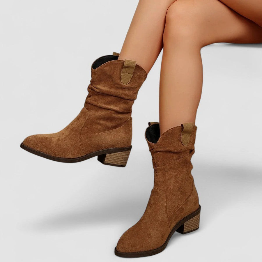 Anastasia | Women's Mid-Calf Pull Tab Detail Boots in Brown